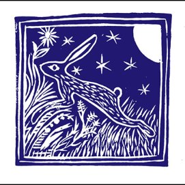 Lino print of hare at night